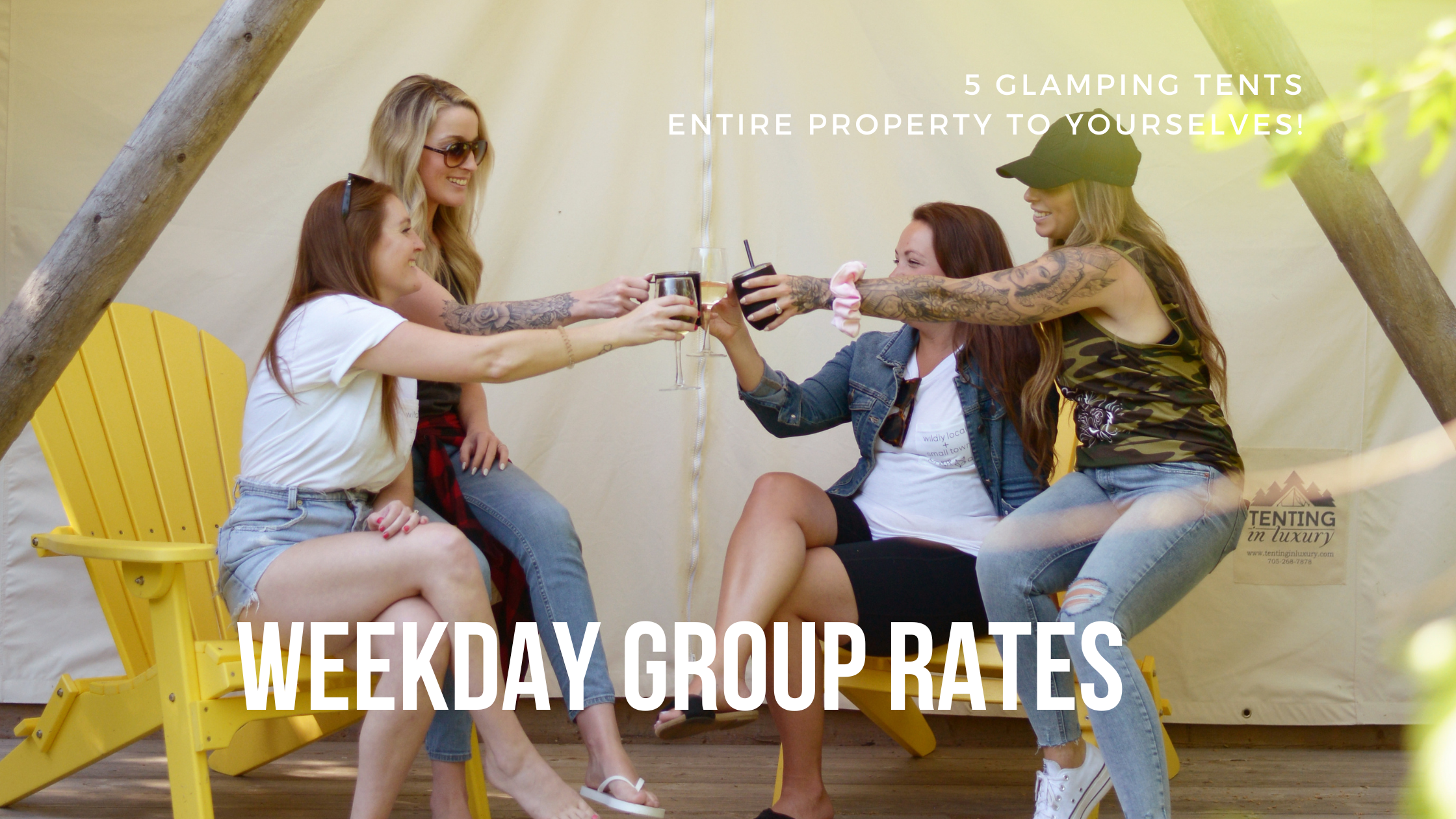 Group of friends sitting on a glamping tent cheers-ing coffee mjugs